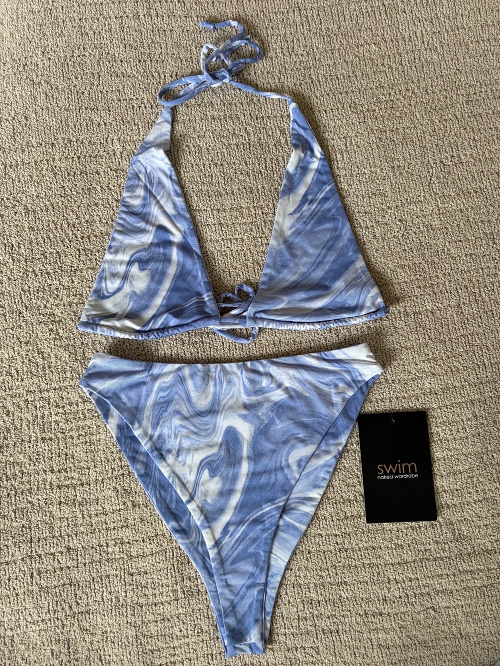 Naked Wardrobe Swim cheeky blue bikini high leg high waist swirl marble medium
